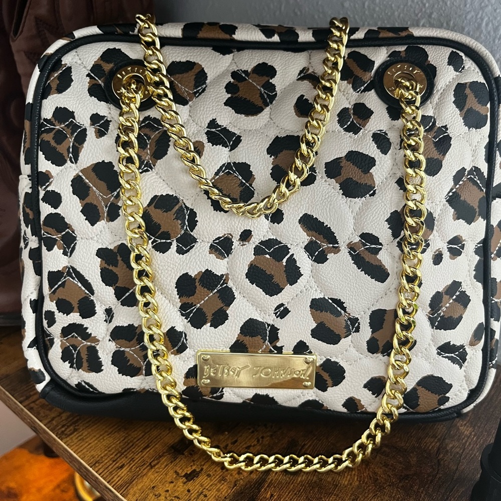Betsy Johnson Purse - Leopard Print with Black Bow & Gold Color Embellishments